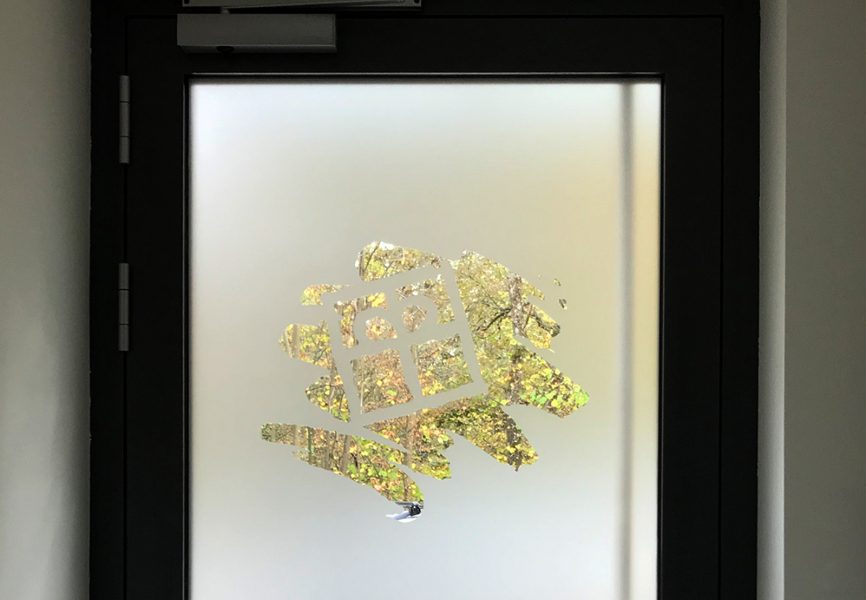 Sichtschutzbeklebung - Auschnitt einer Hauseingangstüre von innen. Das Glas der Türe ist foliert mit negativ ausgeschnittenem Logo der Diakonie